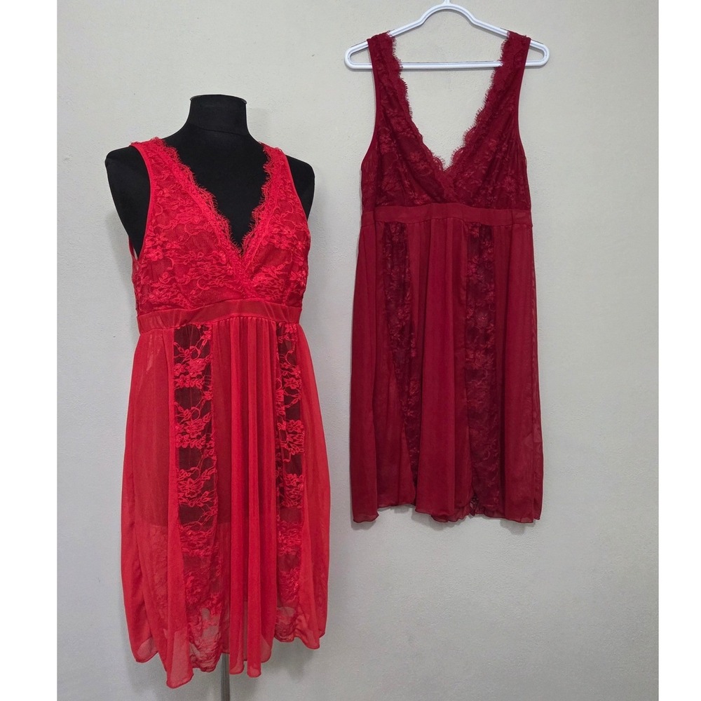 2 Avidlove Red Lace Mesh Babydoll Chemise Lingerie Dress Size 1X 2X Eyelash Trim